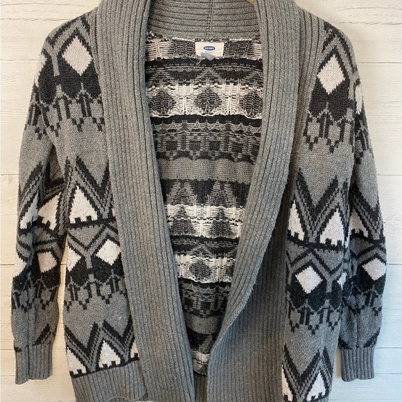 Old Navy Aztec Sweater Cardigan Knit Small Petit Gray White Open Front Grandma - Picture 3 of 9